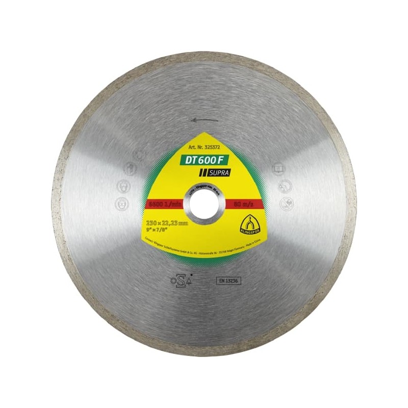 Disc diamantat, continuu, pentru debitare placi ceramice, Klingspor DT 600 F Supra, 115x22.23x1.6 mm