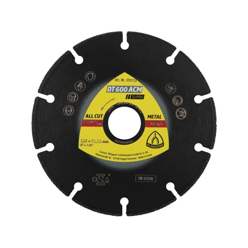 Disc diamantat, cu 10 segmente, pentru debitare metale, Klingspor DT 600 ACM Supra, 125 x 22.23 x 1.3 mm